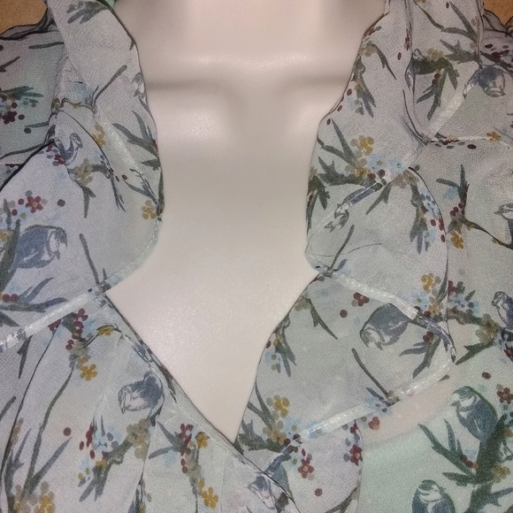 H&M Sheer light blue Bird Print Ruffle puffed Blouse as 8 - Picture 2 of 6